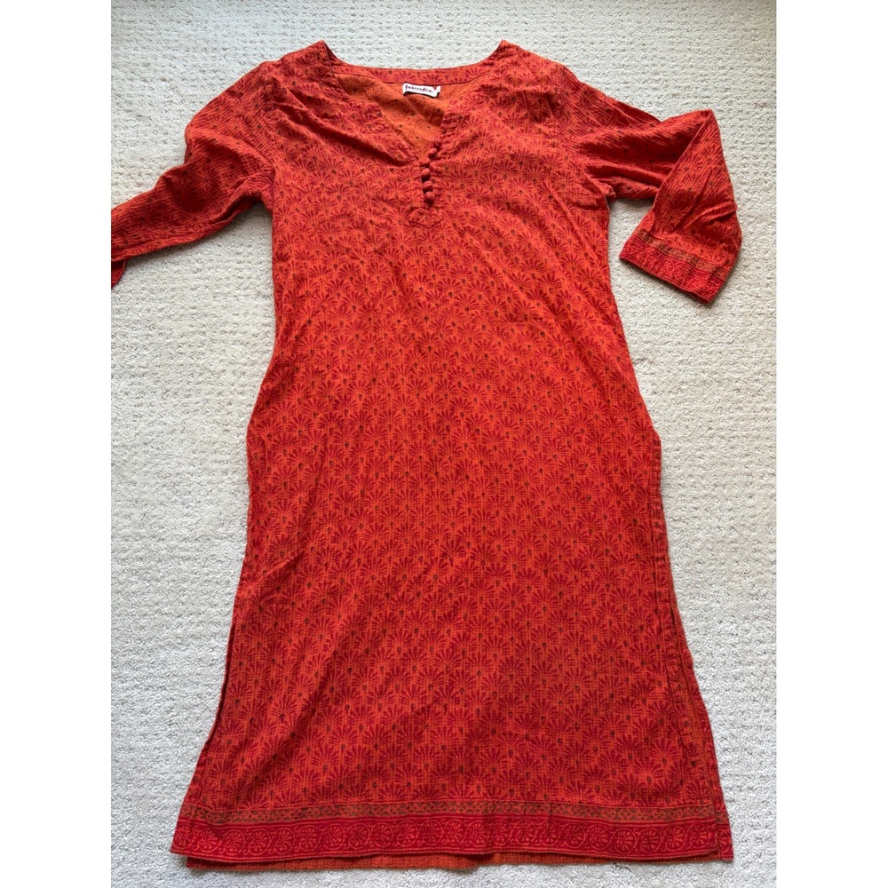 Fabindia Kurti Tunic M Orange Cotton Block Print Boho Botanical Folk